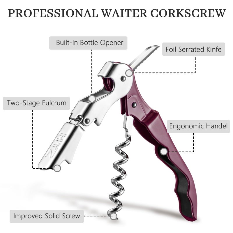 HYZ 2-Pack Wine Opener Waiter Corkscrew, Professional Wine Key for Servers, Bartender with Foil Cutter, Manual Wine Bottle Opener Double Hinged (Burgundy) - Image 2